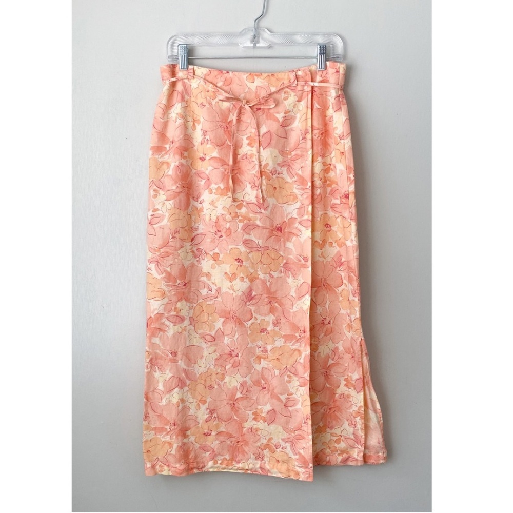 Vintage Pastel Floral Print Linen Cotton Wrap Midi Skirt 12P